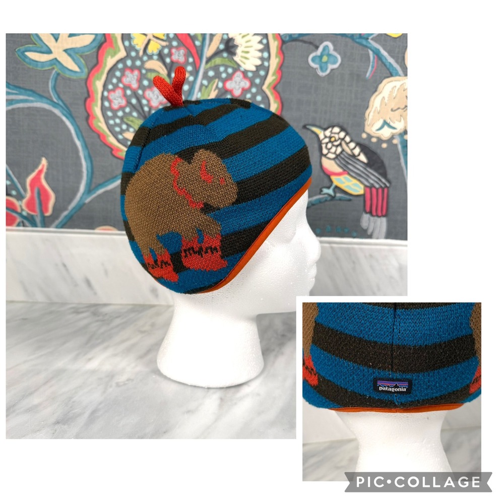 Patagonia Baby Buffalo Reversible Beanie Fleece Striped Hat 6-12M Blue Brown